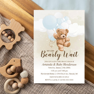 Bearly Wait Neutraal, Blauwe en Witte Baby Shower Kaart
