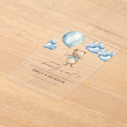 Bearly Wait Neutral Beige & Blue Boy Baby shower Acryl Uitnodigingen (Laagn)