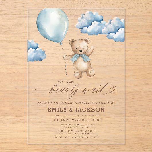 Bearly Wait Neutral Beige & Blue Boy Baby shower Acryl Uitnodigingen (Voorkant)