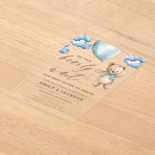 Bearly Wait Neutral Beige & Blue Boy Baby shower Acryl Uitnodigingen (Laagn)