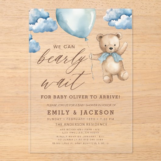 Bearly Wait Neutral Beige & Blue Boy Baby shower Acryl Uitnodigingen (Voorkant)