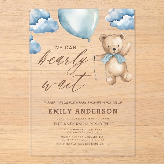 Bearly Wait Neutral Beige & Blue Boy Baby shower Acryl Uitnodigingen (Voorkant)