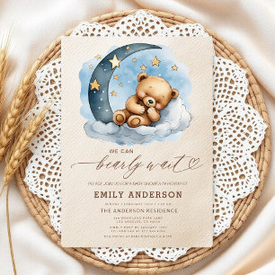 Bearly Wait Neutral Beige & Blue Boy Baby shower Kaart
