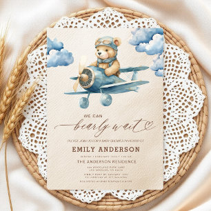 Bearly Wait Neutral Beige & Blue Boy Baby shower Kaart