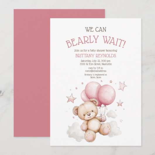 Bearly Wait Roze Beer Baby shower Kaart (Voorkant / Achterkant)