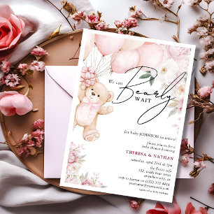 Bearly Wait Roze Teddy & Bloemen Meisje Baby Showe Kaart