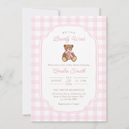 Bearly Wait Teddy Bear Girl Baby Shower Kaart (Voorkant)