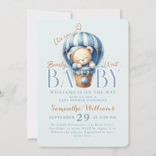 Bearly Wait Teddy Bear Hete Luchtballon Blauw Kaart (Voorkant)