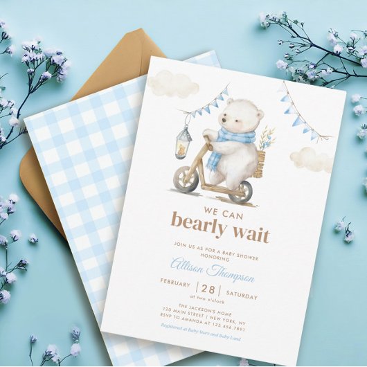 Bearly Wait White Bear Boy Baby shower Invitation