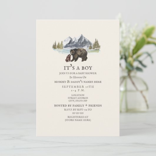 Bears Mountain Watercolor Baby shower Invitation (Debout devant)