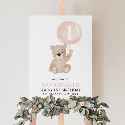 Beary 1er anniversaire Ours rose Affiche de bienve
