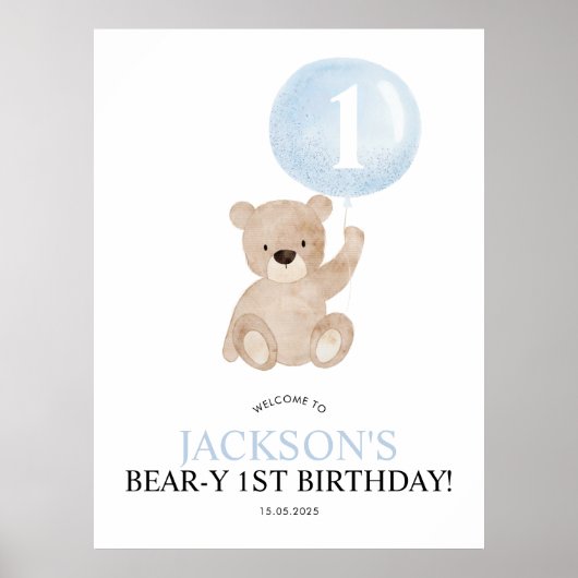 Beary 1st Birthday Blue Beer Welcome Sign Poster (Voorkant)