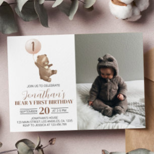 Beary 1st Birthday Invitation Teddy Bear Balloon Bedankkaart