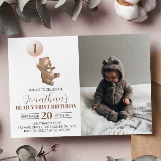 Beary 1st Birthday Invitation Teddy Bear Balloon Bedankkaart