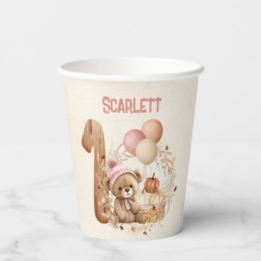 Beary 1st Verjaardag Schattige Baby Beer Roze Papi Papieren Bekers (Achterkant)