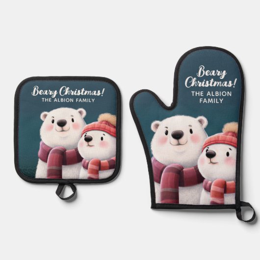 Beary Christmas Schattige Polar Beer welpen Ovenwant & Pannenlap Set (Voorkant)