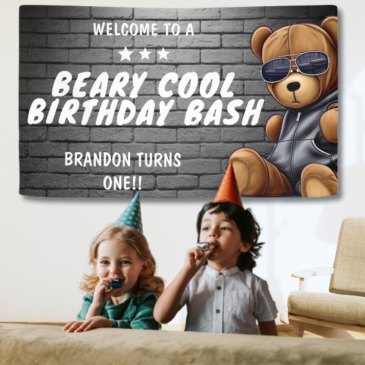 Beary Cool Hip Hop Teddy Bear Eerste Verjaardagsfe Spandoek