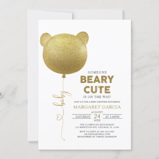Beary Cute Gold Balloon Teddy Bear Baby shower Kaart