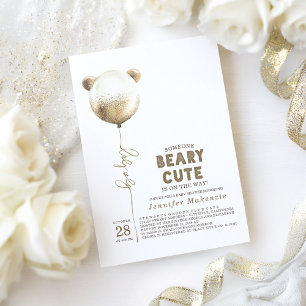Beary Cute Gold Balloon Teddy Bear Baby shower Kaart