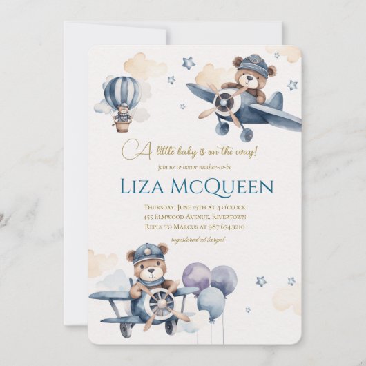 Beary Cute Pilot baby shower invitation (Devant)