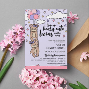 Beary Cute Pink Girl Twins Baby shower Kaart