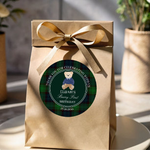 Beary eerste teddybeer groene plaid verjaardag gun ronde sticker