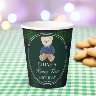 Beary eerste teddybeer groene plaid verjaardagsfee papieren bekers