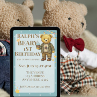 Beary Eerste Verjaardag Blauw Bruine Keurige Beer Kaart