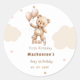 Beary First Balloon Boy 1st Birthday Teddy Bear Ronde Sticker