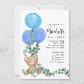 Béary First Birthday Blue Balloon Invitation (Devant)