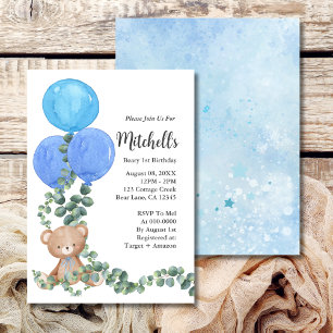 Béary First Birthday Blue Balloon Invitation