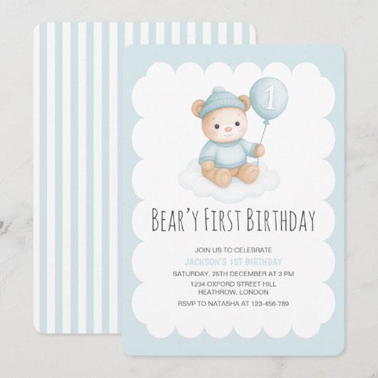 Beary First Birthday Blue Teddy Bear Kaart (Voorkant / Achterkant)