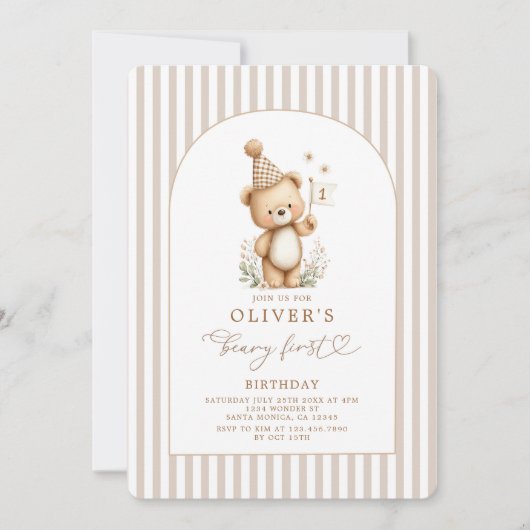 Beary First Birthday Boy Invitation (Devant)