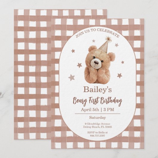 Beary First Birthday Gingham Kaart (Voorkant / Achterkant)