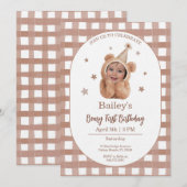Beary First Birthday Gingham Photo Invitation (Devant / Derrière)