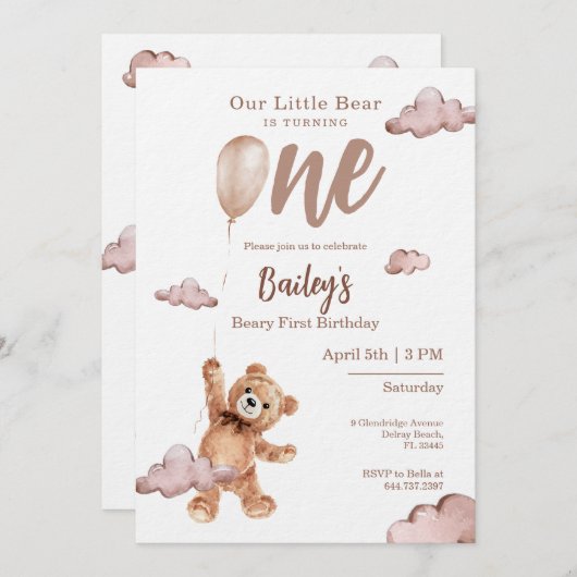 Beary First Birthday Invitation (Devant / Derrière)