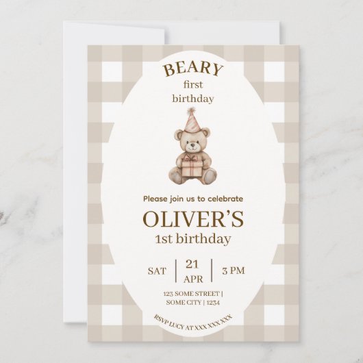 Beary First Birthday Invitation Gingham Editable (Devant)