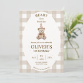 Beary First Birthday Invitation Gingham Editable (Debout devant)