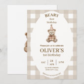 Beary First Birthday Invitation Gingham Editable (Devant / Derrière)