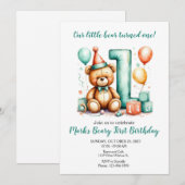 Beary First Birthday Invite, Cute Bear 1st invite Kaart (Voorkant / Achterkant)