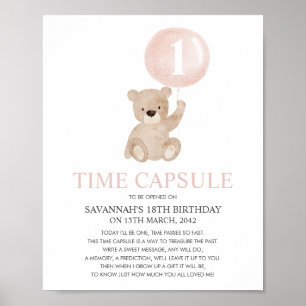Beary First Birthday Pink Beer Time Capsule Poster