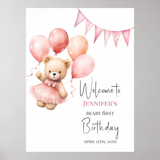 Beary First Birthday Poster Pink Balloon  (Devant)