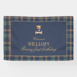 Beary First Navy Plaid Teddy Bear Birthday Banner 