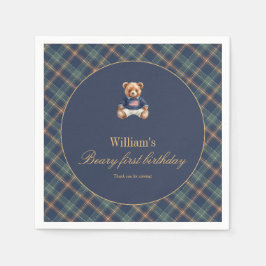 Beary First Navy Plaid Teddy Bear Boy Birthday  Servet