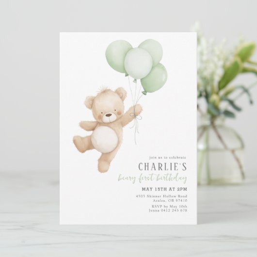 Beary First Sage Balloon Boy 1st Birthday Teddy Kaart (Staand voorkant)