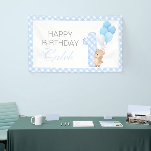 Beary First Teddy Bear Blauw Gingham Verjaardagsfe Spandoek (Beurs)
