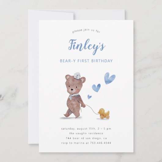 Beary First Teddy Bear Boy Birthday Part Kaart (Voorkant)