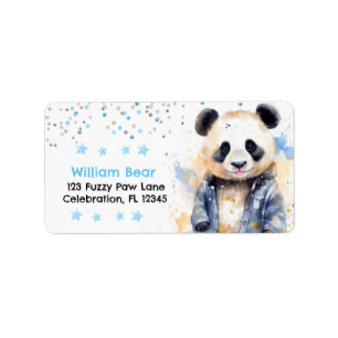 Beary Geweldige Boys Waterverf Panda Verjaardag Etiket