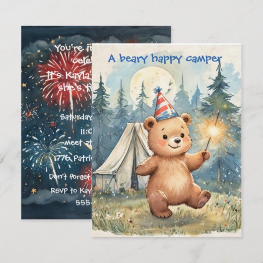 Beary Happy Camper Digitale Download Uitnodiging (Voorkant / Achterkant)
