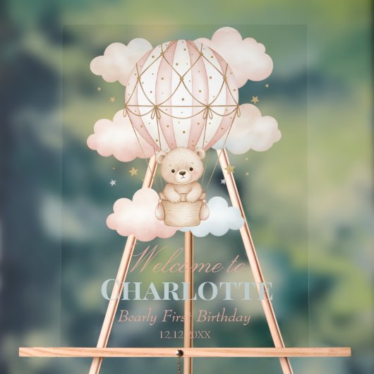 Beary  Hot Air Balloon 1st Birthday Welcome Acryl Bord (Neutraal)